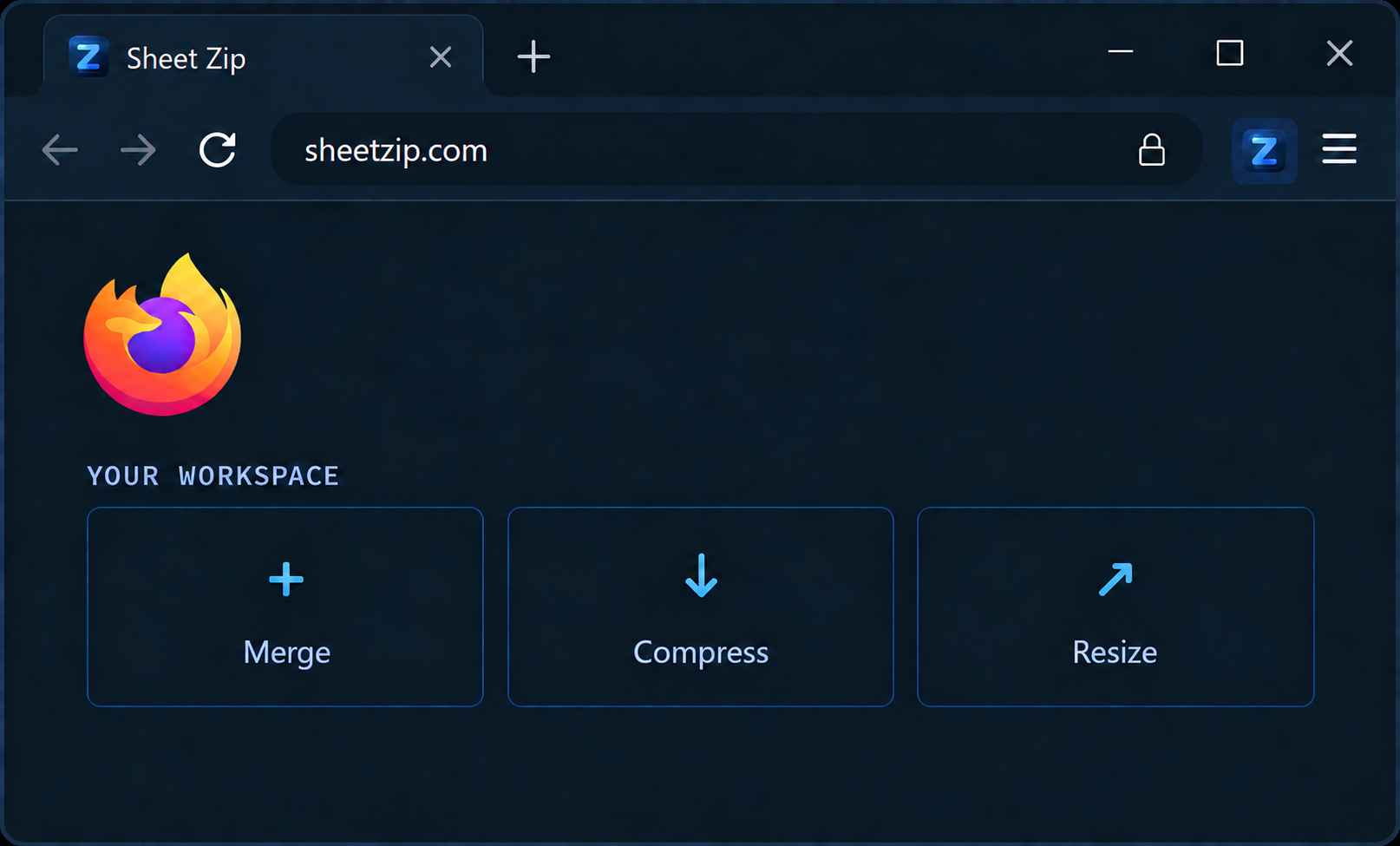 Sheet Zip in the Firefox toolbar above a preview of Merge, Compress and Resize.